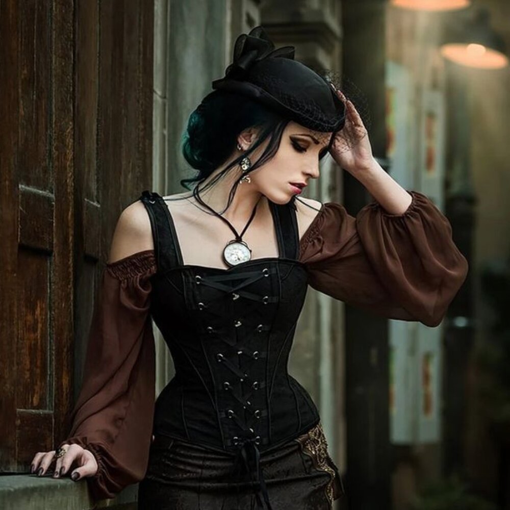 Vintage Inspired Overbust Corset With Shoulder Straps in Jet Black - NWT